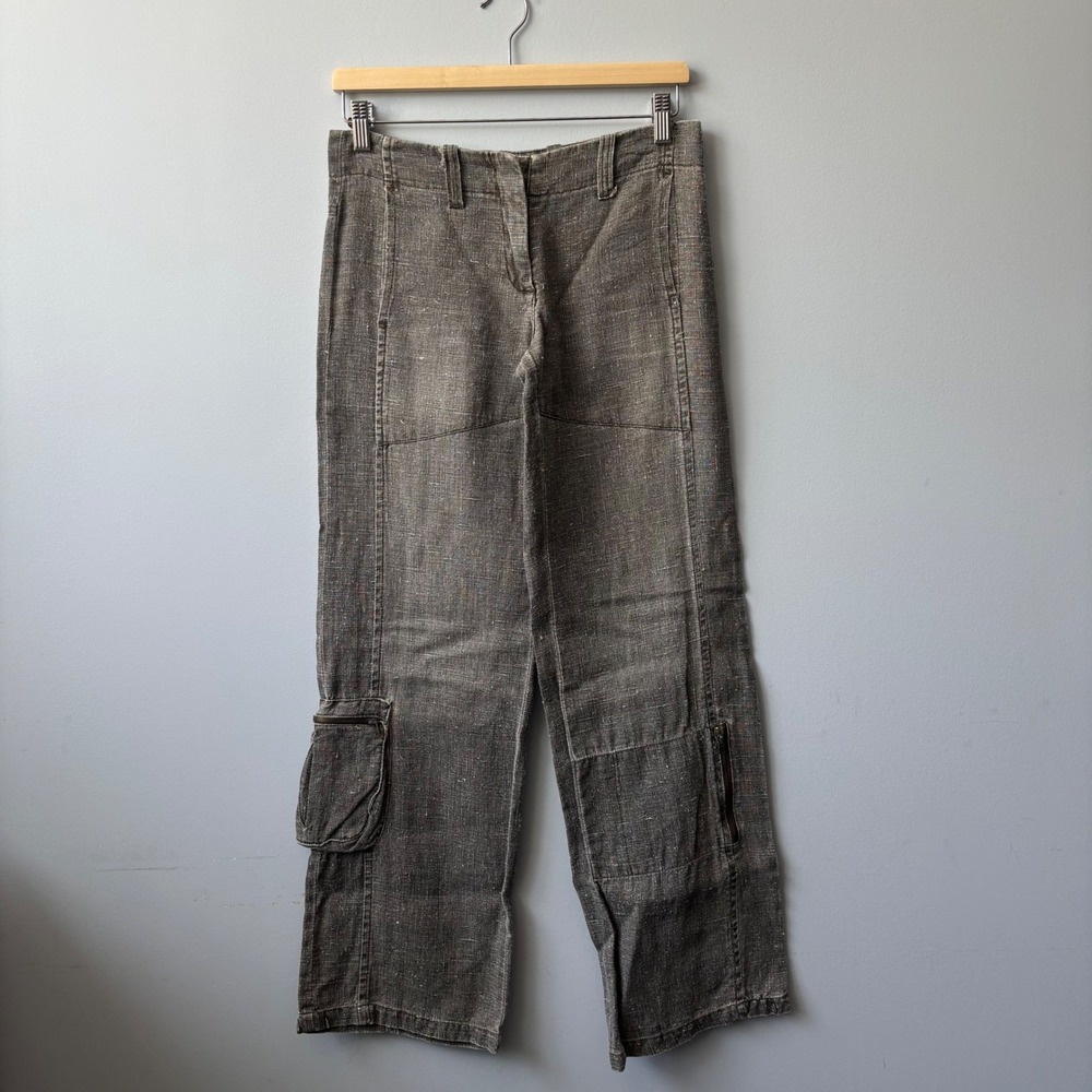 OS 100% Linen Cargo Pants Womens Medium Grey Green Straight Leg Utility Gorpcore